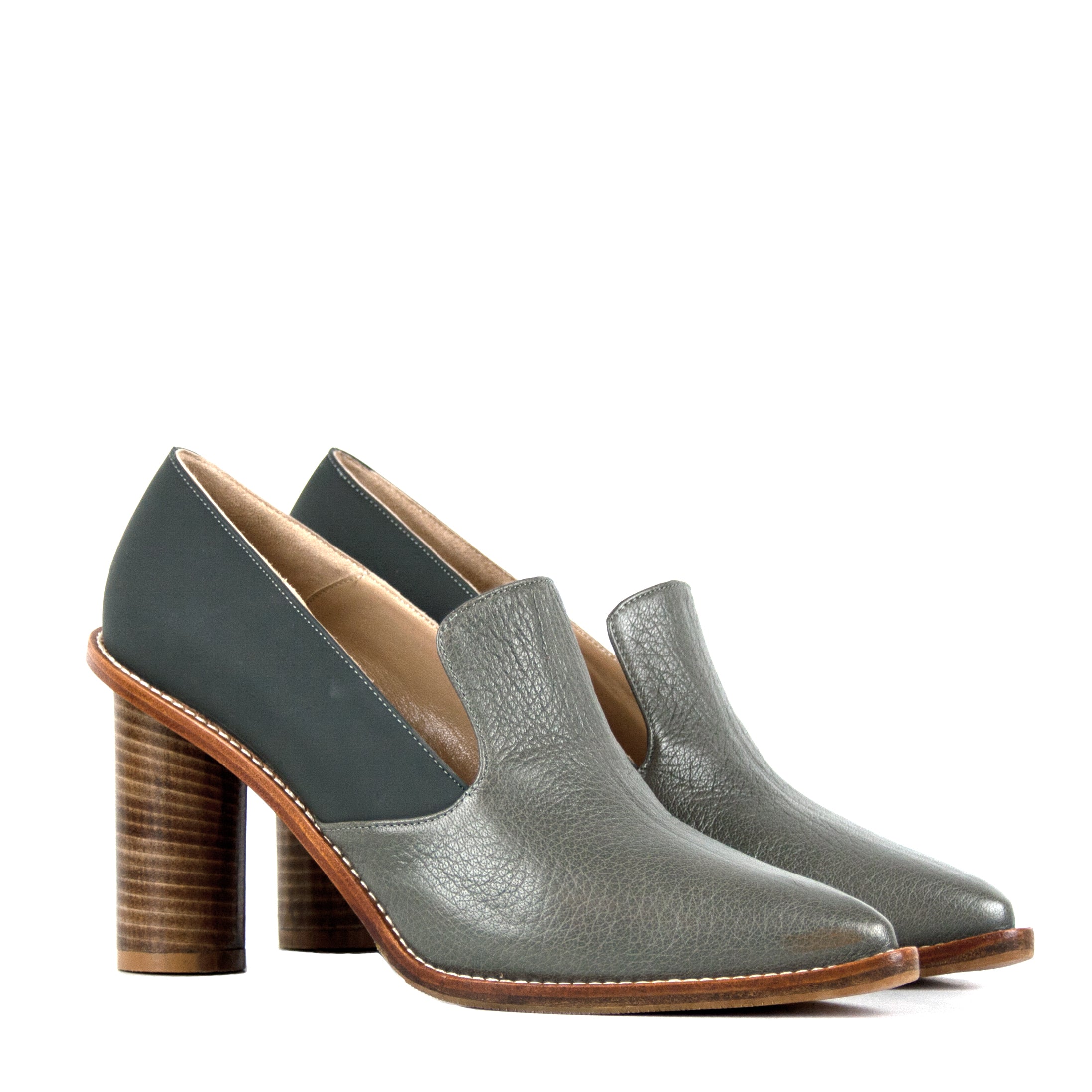Heeled loafers in olive grey leather - Monica Stålvang